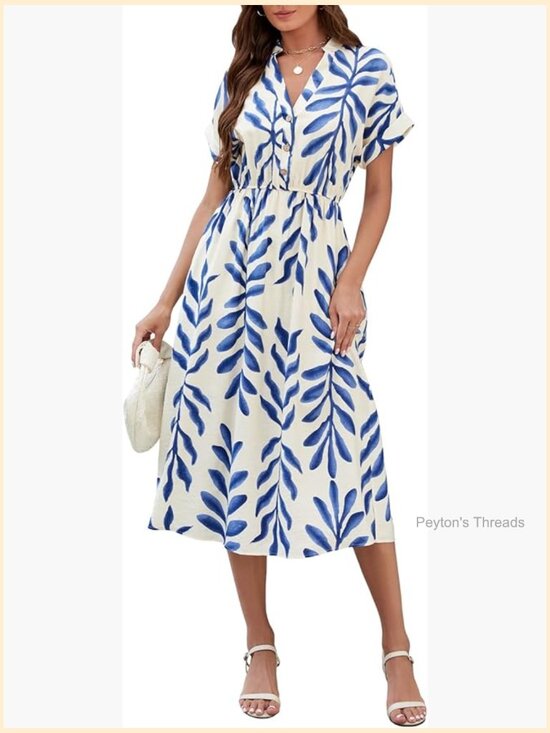 Dresses & Skirts - Women's V-Neck Short Sleeve Maxi Dress Flowy Hem Leaf Print